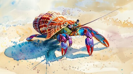 Sticker - A colorful watercolor painting of a hermit crab on a beach.