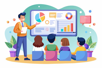 Poster - a group of people in a meeting room with a whiteboard, An informative slideshow for an educational workshop or seminar