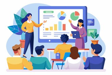 Poster - a group of people in a meeting room with a whiteboard, An informative slideshow for an educational workshop or seminar