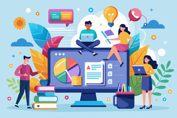 Leinwandbilder - people are sitting on a computer screen with a pie chart on it, An innovative learning platform for interactive lessons and assessments