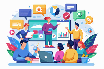 Leinwandbilder - a group of people sitting around a laptop, An interactive presentation with multimedia elements for maximum engagement
