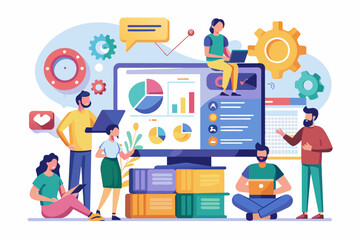 Leinwandbilder - a group of people sitting around a laptop, An interactive presentation with multimedia elements for maximum engagement