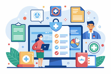 Aufkleber - a woman standing in front of a computer with medical icons, patient-centered health record system for streamlined access to medical information