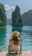 © pisan - Woman Relaxing on Tropical Beach with Idyllic Scenery of Crystal Clear Water and Limestone Cliffs in Background