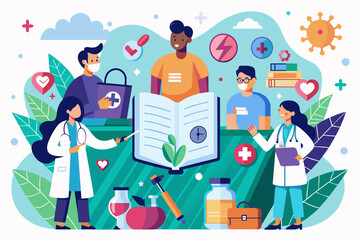 Poster - a group of people with medical equipment around them, brochure highlighting the services offered by a local healthcare provider or clinic