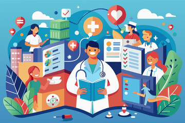 Poster - a group of people with medical equipment around them, brochure highlighting the services offered by a local healthcare provider or clinic