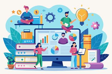 Aufkleber - people are sitting on a desk with a computer and books, educational website with resources for teachers, students, and parents