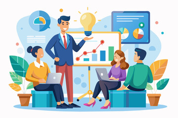 Poster - a man in a business suit is giving a presentation to a group of people, presentation template for pitching business ideas to potential investors or stakeholders