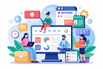 Poster - people are sitting around a computer with a monitor and a laptop, online platform for scheduling appointments and accessing medical records