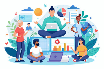 Aufkleber - a group of people sitting around a laptop, wellness program for promoting employee health and reducing stress in the workplace