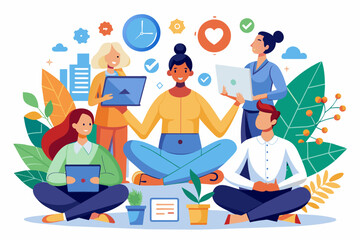 Poster - a group of people sitting around a laptop, wellness program for promoting employee health and reducing stress in the workplace