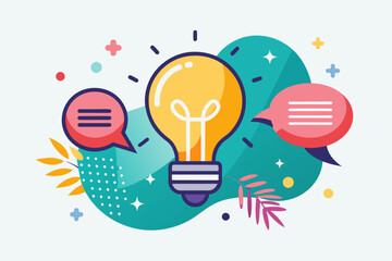 Poster - a light bulb surrounded by speech bubbles and plants, Playful vector artworkspeech bubble with a lightbulb inside, symbolizing sharing ideas and promoting innovation