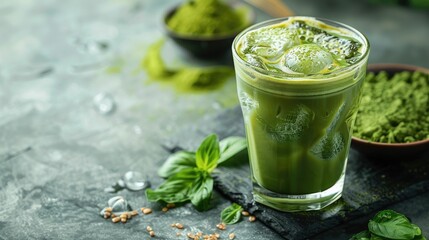 A glass of green tea with a spoon and a bowl of green powder. Concept of health and wellness, as the green tea and powder are both known for their health benefits