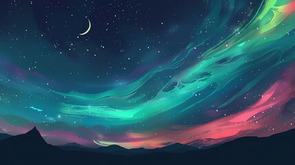 Wall Mural - a beautiful digital painting of a night sky filled with stars, a crescent moon, and a colorful auror