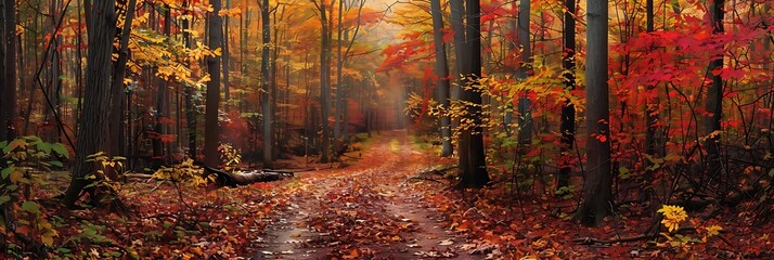 Sticker - autumn forest path with fallen leaves on the ground