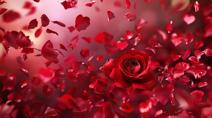 Canvas Print - A single red rose surrounded by falling rose petals, creating a romantic and elegant scene.