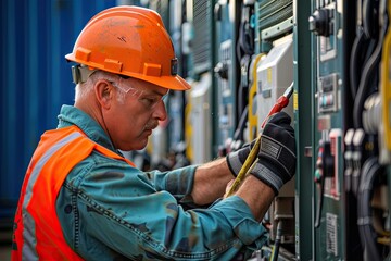 A man in an orange vest is working on a piece of equipment. He is wearing a hard hat and safety glasses