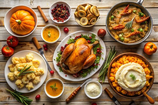 Dinner, Delicious Thanksgiving turkey dinner. Top view table scene on a rustic white wood banner background. Turkey, mashed potatoes, stuffing, pumpkin pie and sides.
