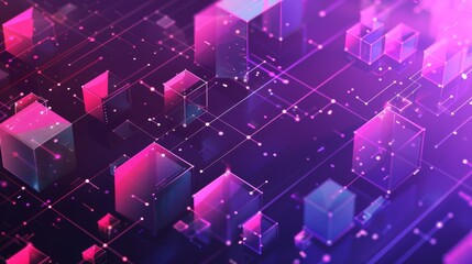 Wall Mural - colorful 3d cubes connected by lines in a digital network visualization on a dark background