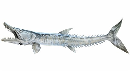 Fierce barracuda fish with sharp teeth and open mouth is isolated on a white background, showing its predatory nature underwater