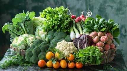 Canvas Print - Assortment of Fresh Vegetables in a Rustic Wooden Basket