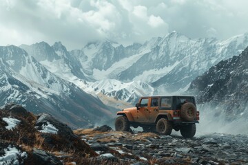 A jeep on a dusty mountain path under a cloudy sky