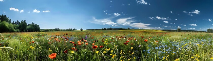 Poster - field of wildflowers and trees under a blue sky with white clouds