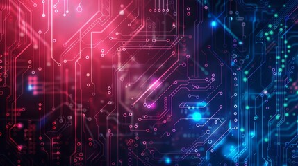 Wall Mural - detailed close-up showing patterns of an electronic circuit board with neon light effects