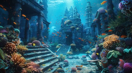 Submerged Temple in a Vibrant Coral Reef