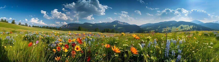 Poster - field of wildflowers with mountains in the background