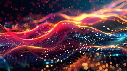 Wall Mural - a mesmerizing visual of colorful waves intertwined with glowing network particles representing data 