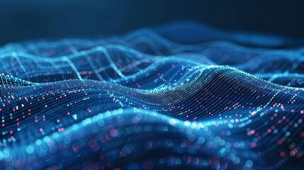 Wall Mural - a contemporary abstract image with a wave of blue glowing particles simulating digital activity