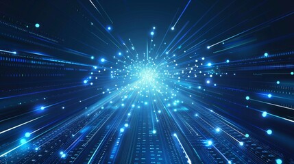 Wall Mural - dynamic blue light rays and digital data lines expanding outward, representing speed, network techno