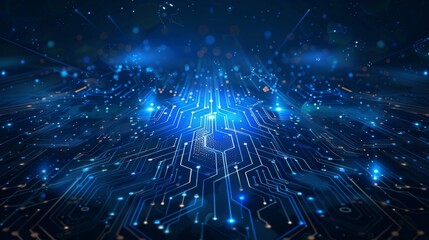 Wall Mural - complex network of connected points and lines on a dark blue backdrop, resembling a digital circuit 