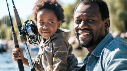 Father and son fishing near the lake