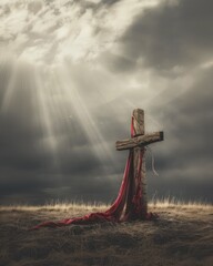 Wall Mural - Easter, love and sacrifice. Wooden cross with red cloth on dark stormy sky with rays of light.