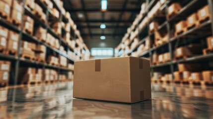 A single cardboard box standing on the floor in an organized warehouse aisle