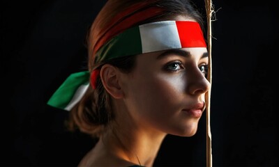 Wall Mural - beautiful young woman, small italy flag on a stick, black background, high detail, perfect lighting