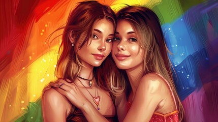 Wall Mural - beautiful female young lesbian couple and a rainbow flag, a symbol of the LGBT community, equal rights, beauty and love