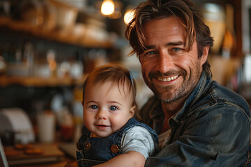 Wall Mural - a father is sitting with his baby in front of a laptop and smiling,generative ai