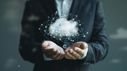 Wall Mural - a business person in a suit holds out hands with a digital cloud floating above, representing cloud 