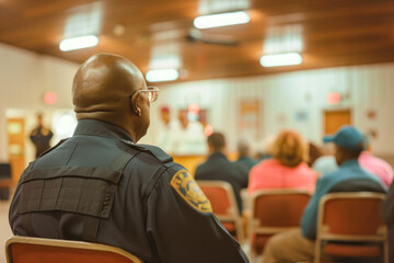 Black police officer engaging with his community during a meeting in a local hall, embodying civic duty