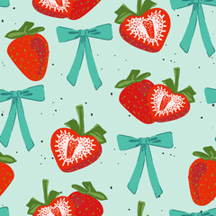 Poster - Strawberries and coquette ribbon bow seamless pattern. Sweet strawberry, pastel bow. Aesthetic wallpaper in trendy retro vintage style. Cute hand drawing cartoon vector illustration isolated on blue