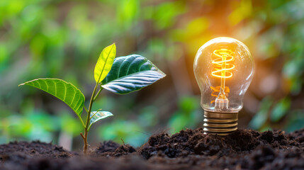 A young plant and a glowing light bulb emerging from the soil side by side, symbolizing the synergy between nature and innovation, and the concept of sustainable energy