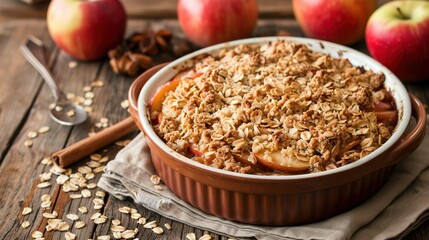 Apple Crisp: A dessert with a crunchy oat topping and baked apples.