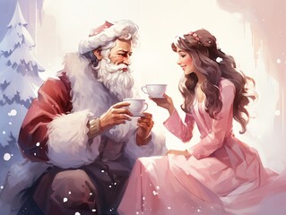 Wall Mural - Santa Claus and a snow queen friend sharing a cup of hot cocoa in a snowy palace, both looking elegant and festive, highlighting a serene and magical holiday moment. Flat color illustration cartoons