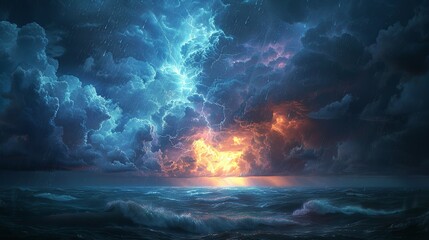 Wall Mural - A dramatic portrayal of an angry sky, with thick, roiling storm clouds and sharp flashes of lightning that illuminate the dark expanse, rain pouring down in torrents, and a faint rainbow stretching