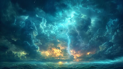 Canvas Print - A dramatic portrayal of an angry sky, with thick, roiling storm clouds and sharp flashes of lightning that illuminate the dark expanse, rain pouring down in torrents, and a faint rainbow stretching