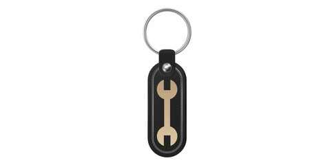 Realistic Leather Keychain With Metal Ring, Black Keychain With Golden Wrench Logo Vector Illustration.	
