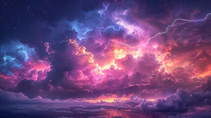 Wall Mural - A dynamic portrayal of a dramatic sky where thick, ominous clouds rumble with thunder and sharp, jagged bolts of lightning cut through the darkness, while rain cascades down heavily, and a delicate